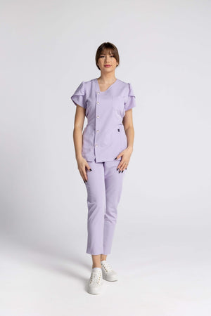 Costum Premium Elastic Sofia în lila, elegant și confortabil, cu mâneci lalea și nasturi la modă.