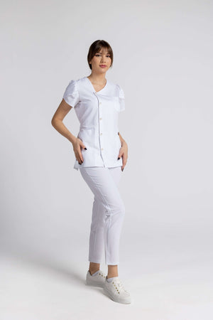 Costum Premium Elastic Sofia, elegant și confortabil, cu mâneci lalea și nasturi, perfect pentru mediul profesional.